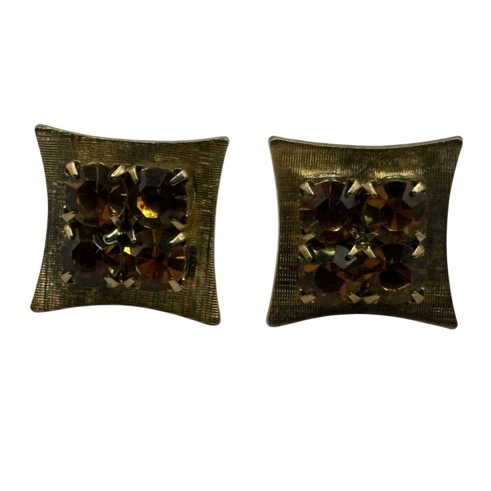 Yellow Rhinestone Cufflinks‎ Square MCM Vintage Gold Tone Men's Formal Prong Set